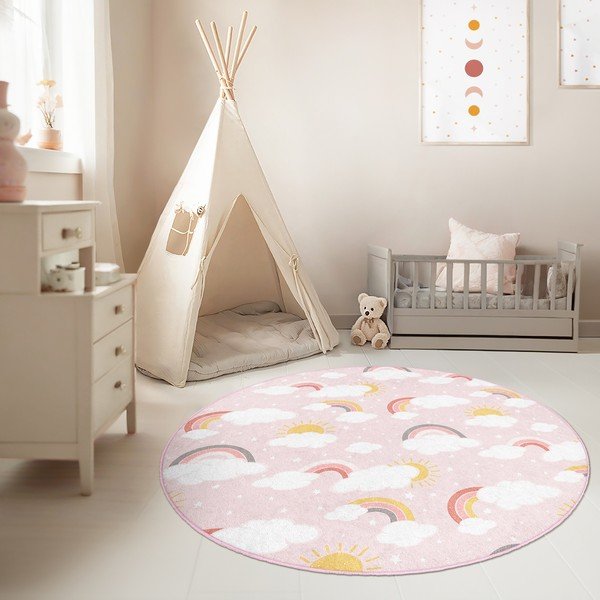 Skalbiamas rožinės spalvos vaikiškas kilimas ø150 cm Rainbow World – Mila Home-image-4