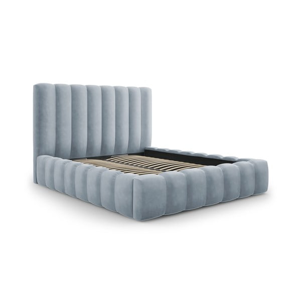 Šviesiai mėlyna minkšta dvigulė lova su daiktadėže ir tinkleliu 200x200 cm Kelp - Micadoni Home