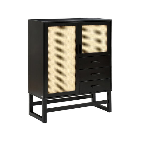 Juodos spalvos pušies medienos komoda su rotango durelėmis Støraa Jolene, plotis 90 cm-image-2