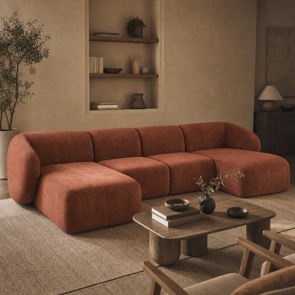 Terakotos spalvos kampinė sofa iš šenilinio audinio („U“ formos) Lani – Makamii-image-4