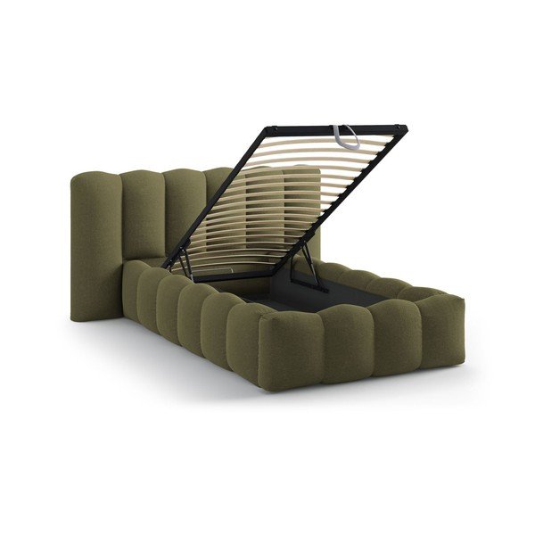 Khaki spalvos viengulė lova audiniu dengta su sandėliavimo vieta su lovos grotelėmis 90x200 cm Lupine – Micadoni -image-1