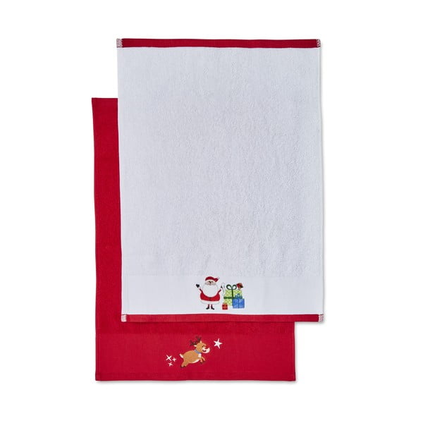 Raudonos ir baltos spalvos medvilniniai rankšluosčiai, 2 vnt., 40x60 cm Santa's Reindeers - Catherine Lansfield