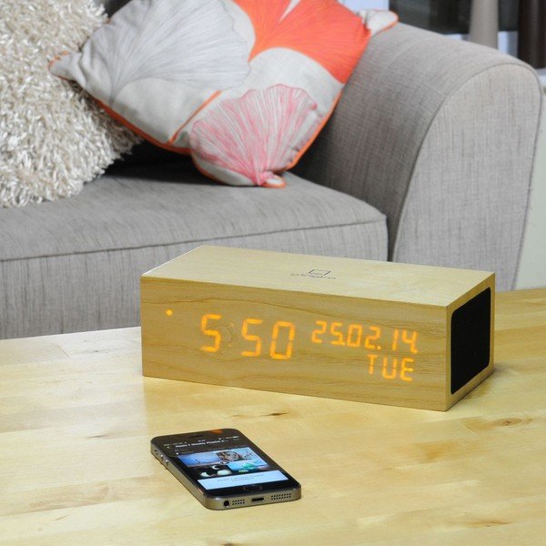 Ąžuolinis "Click Clock" garsiakalbis su oranžiniu LED žadintuvu-image-2