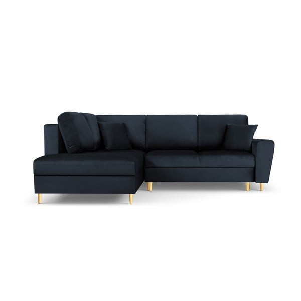 Tamsiai mėlynos spalvos iš velveto sulankstoma/su sandėliavimo vieta kampinė sofa (su kairiuoju kampu/„L“ formos) Kyoto – Cosmopolitan Design