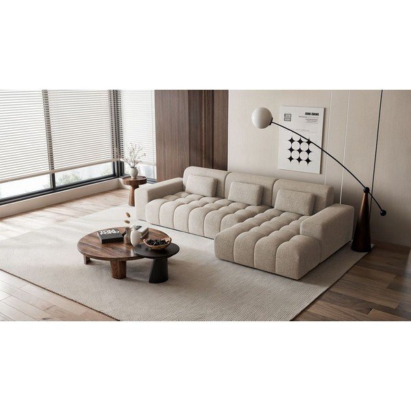 Smėlio spalvos iš šenilinio audinio kampinė sofa (su dešiniuoju kampu/su gultu) Chevi – Ghado-image-1