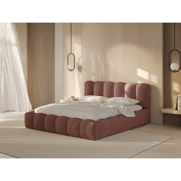 Dvigulė lova rožinės spalvos audiniu dengta su sandėliavimo vieta su lovos grotelėmis 200x200 cm Lupine – Micadoni -image-2