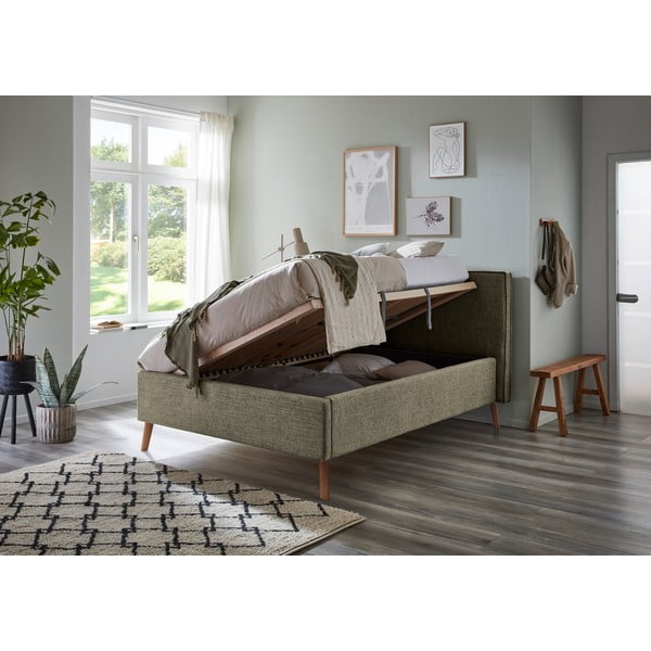 Tamsiai žalios spalvos dvigulė lova audiniu dengta su sandėliavimo vieta su lovos grotelėmis 140x200 cm Riva – Meise Möbel-image-3