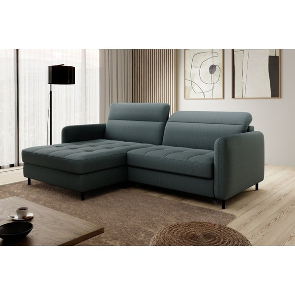 Pilkai žalios spalvos iš velveto sulankstoma/su sandėliavimo vieta kampinė sofa (su kairiuoju kampu/su gultu) Gomsi – ELTAP-image-1