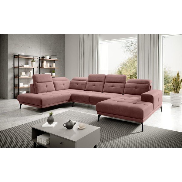 Rožinės spalvos iš velveto kampinė sofa (su kairiuoju kampu/„U“ formos) Bretan – ELTAP-image-1