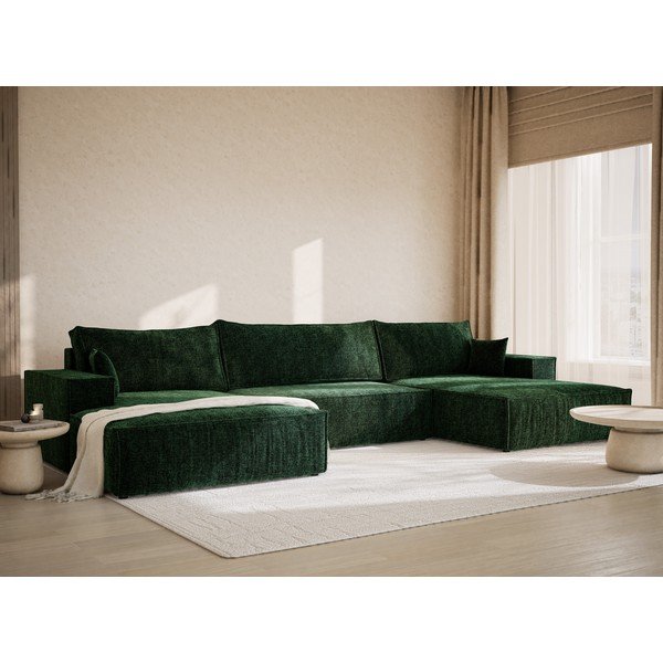 Tamsiai žalios spalvos sulankstoma/su sandėliavimo vieta kampinė sofa iš šenilinio audinio („U“ formos) Kyoto – Maison de Rêve-image-1