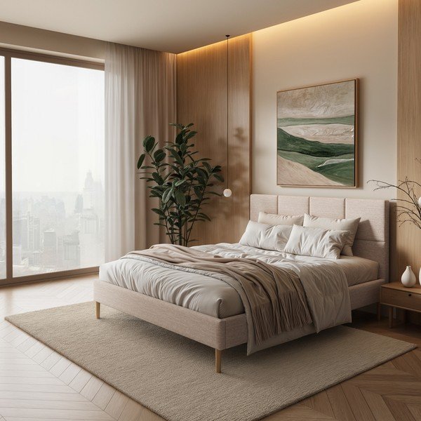 Kreminės spalvos dvigulė lova audiniu dengta su lovos grotelėmis 140x200 cm Alano – MESONICA-image-1