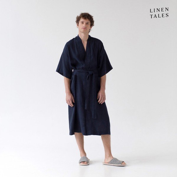 Tamsiai mėlynas lininis chalatas S/M dydžio Summer - Linen Tales