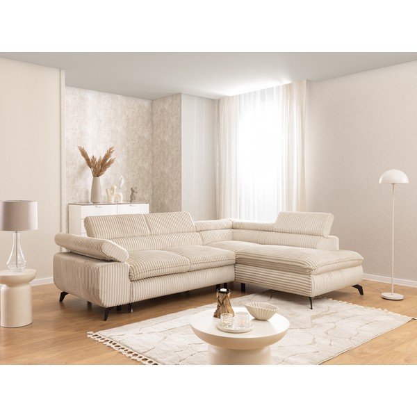 Smėlio spalvos kampinė sofa iš kordinio velveto (su dešiniuoju kampu/„L“ formos) Marbeya  – Ropez-image-1