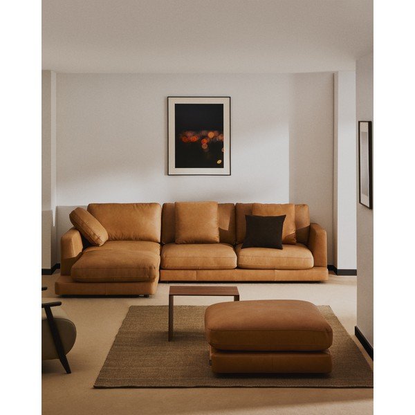 Rudos spalvos kampinė sofa iš odos (su kairiuoju kampu/su gultu) Gala – Kave Home-image-1