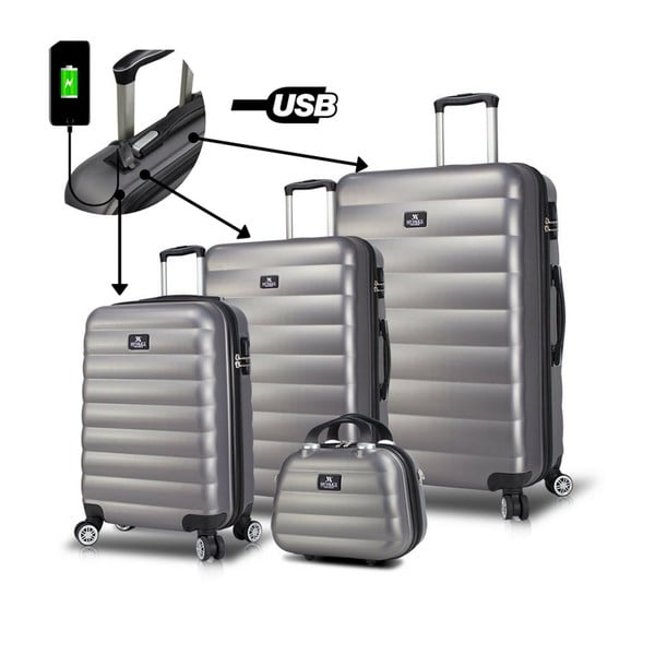 3 pilkų kelioninių lagaminų rinkinys ant ratukų su USB jungtimis My Valice RESSO Travel Set