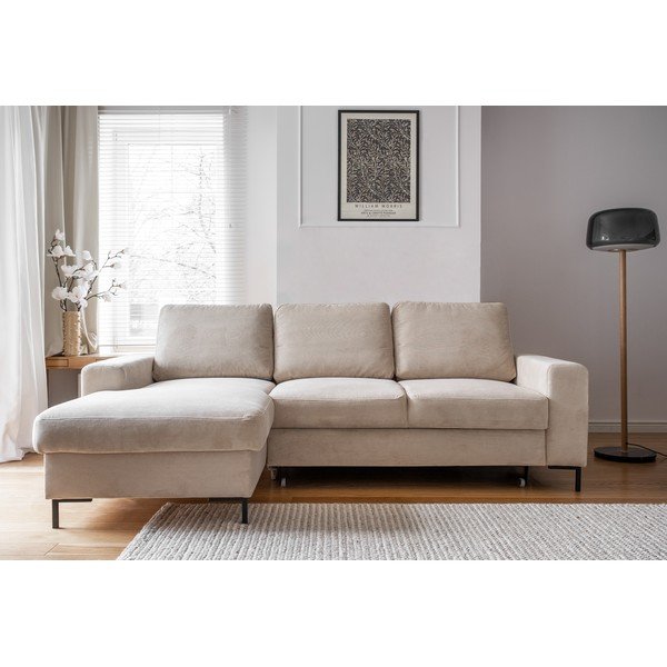 Iš kordinio velveto sulankstoma kampinė sofa smėlio spalvos (su kairiuoju kampu) Lofty Lilly – Miuform-image-1