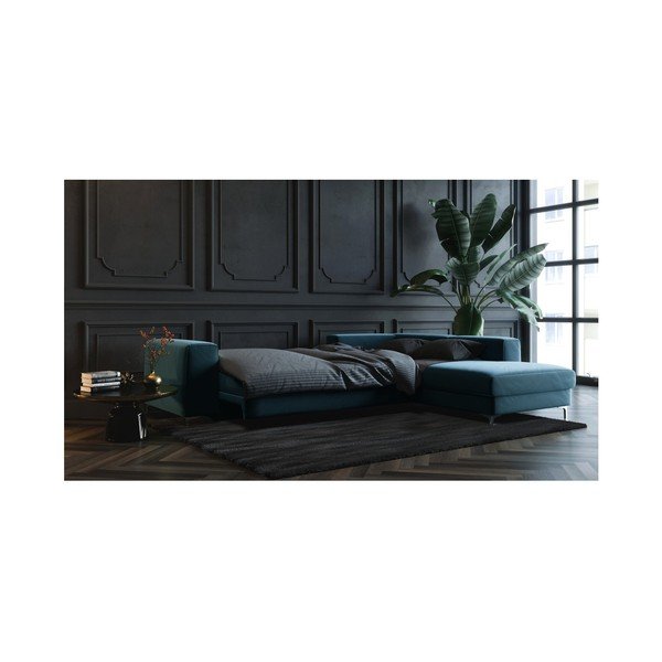 Tamsiai mėlyna aksominė kampinė sofa-lova Devichy Rothe, dešinysis kampas-image-3