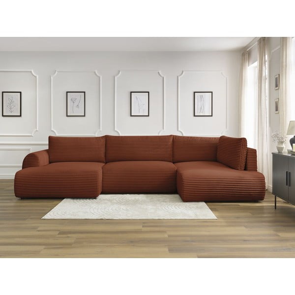 Raudonos plytų spalvos sulankstoma/su sandėliavimo vieta kampinė sofa iš kordinio velveto (su dešiniuoju kampu/„U“ formos) Lucien – Bobochic Paris-image-1