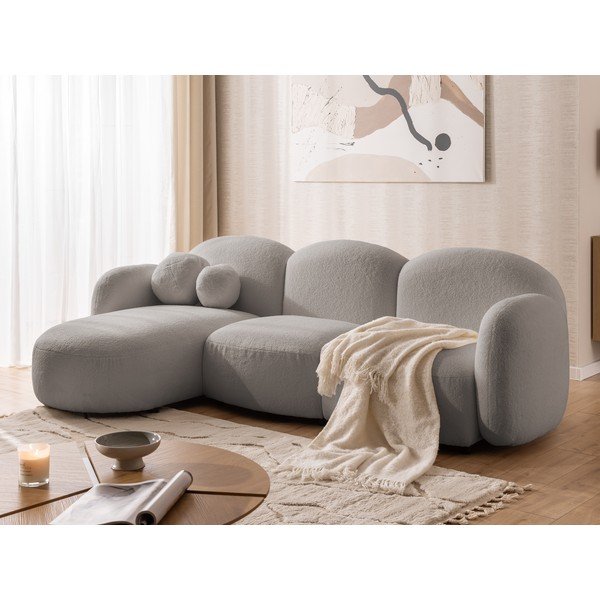 Pilkos spalvos kampinė sofa iš boucle (su kairiuoju kampu/su gultu) Orbit – Ropez-image-4