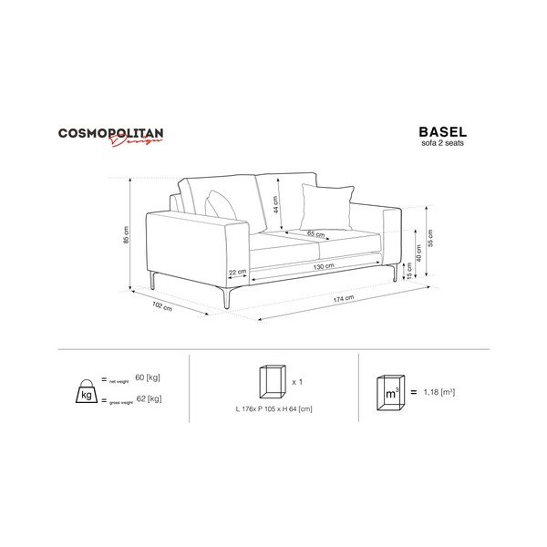 "Cosmopolitan Design Basel" pudros rožinės spalvos sofa, 174 cm-image-1