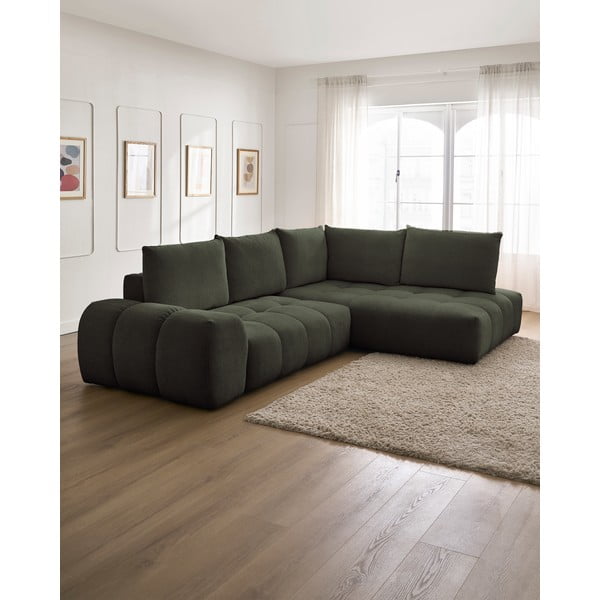 Žalios spalvos iš šenilinio audinio sulankstoma/su sandėliavimo vieta kampinė sofa (su dešiniuoju kampu/„L“ formos) Everest – Bobochic Paris-image-1
