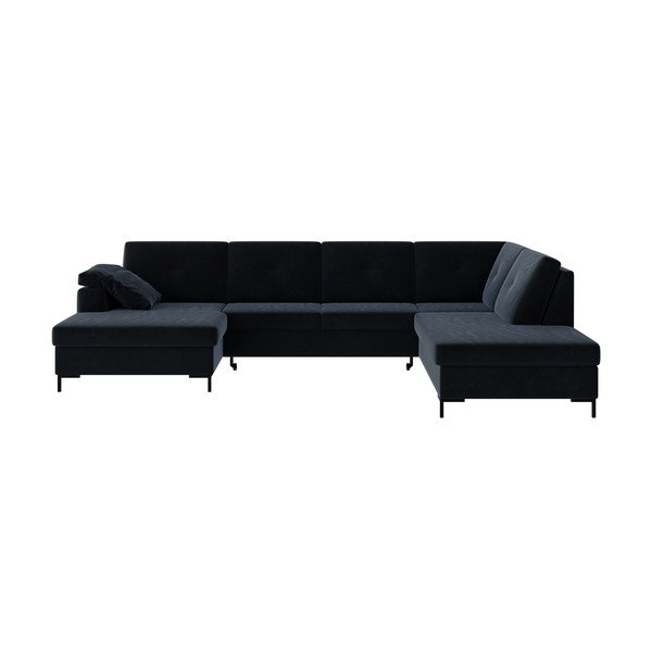 Tamsiai mėlyna aksominė U formos sofa-lova Ghado Moor, dešinysis kampas