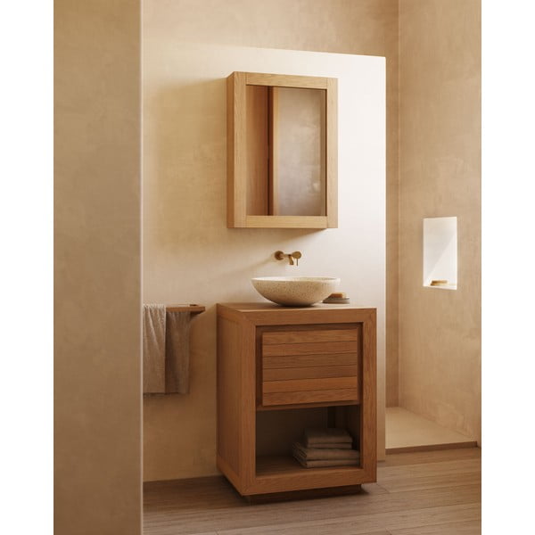 Pakabinama/su veidrodžiu vonios daiktadėžė natūralios spalvos iš tikmedžio masyvo 50x70 cm Plubia – Kave Home-image-3