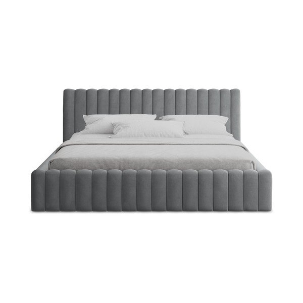 Pilkos spalvos dvigulė lova audiniu dengta su sandėliavimo vieta su lovos grotelėmis 180x200 cm Lemi – Makamii-image-4