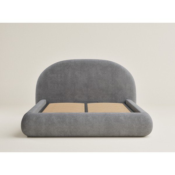 Pilkos spalvos dvigulė lova audiniu dengta su sandėliavimo vieta su lovos grotelėmis 160x200 cm Maumere – Maison de Rêve-image-2