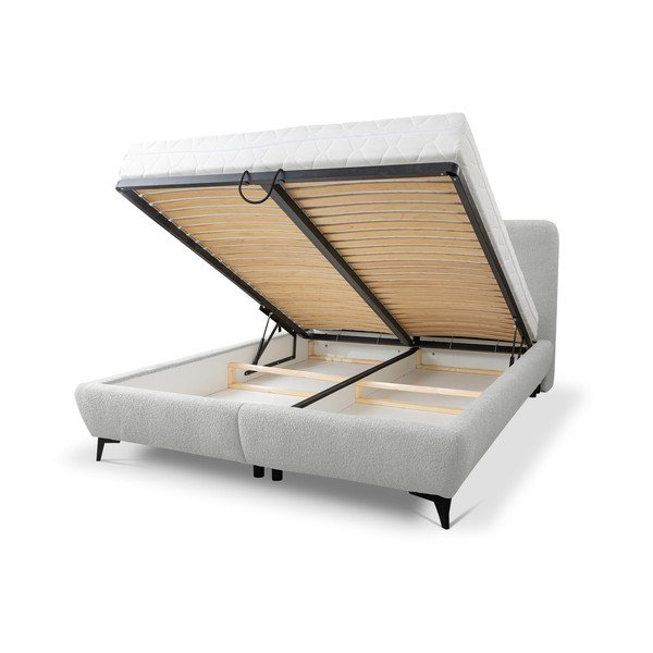 Šviesiai pilkos spalvos dvigulė lova audiniu dengta su sandėliavimo vieta su lovos grotelėmis 140x200 cm Makapu – Makamii-image-1