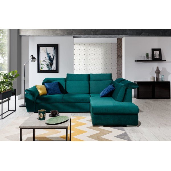 Žalios spalvos iš velveto sulankstoma/su sandėliavimo vieta kampinė sofa (su dešiniuoju kampu/„L“ formos) Loreto – ELTAP-image-1
