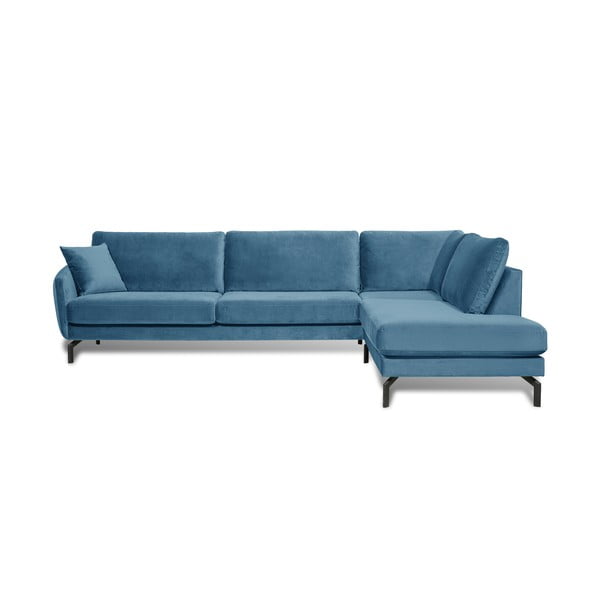 Mėlyna kampinė sofa su aksominiu užvalkalu Scandic Magic, dešinysis kampas