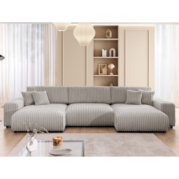 Šviesiai pilkos spalvos sulankstoma ir su sandėliavimo vieta kampinė sofa iš kordinio velveto („U“ formos) Sarina – Ropez-image-1