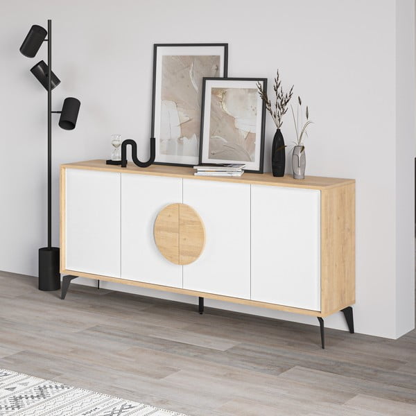 Žema šoninė spintelė baltos spalvos/natūralios spalvos iš ąžuolo 180x82 cm Vae – Marckeric-image-4