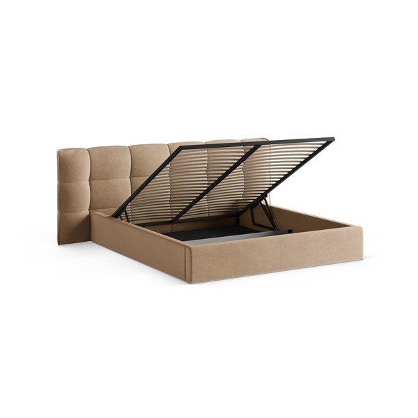 Pilkai smėlinės spalvos dvigulė lova audiniu dengta su sandėliavimo vieta su lovos grotelėmis 200x200 cm Eric – Micadoni -image-2