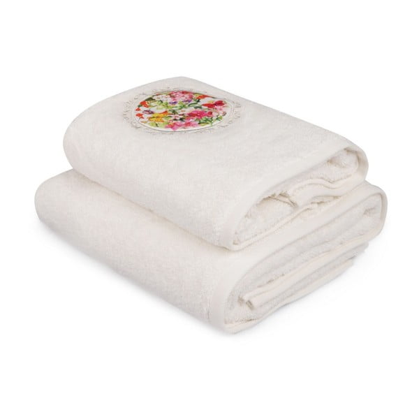 Balto rankšluosčio ir balto vonios rankšluosčio su spalvotomis detalėmis rinkinys "Jardin