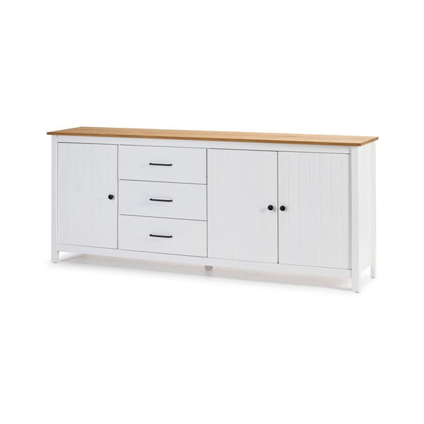 Iš pušies masyvo žema šoninė spintelė baltos spalvos 190x80 cm Miranda – Marckeric-image-3