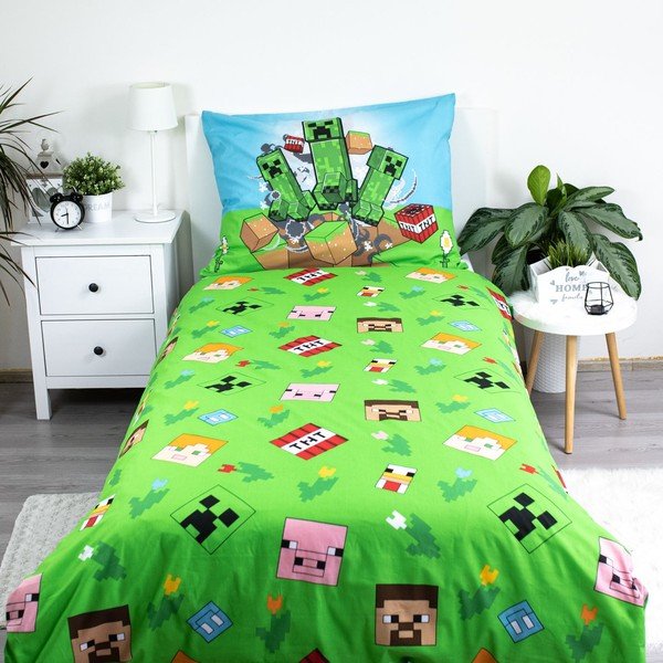 Žalios spalvos/mėlynos spalvos iš medvilnės viengulė vaikiška patalynė 140x200 cm Minecraft "Outdoor Mobs" – Jerry Fabrics-image-2