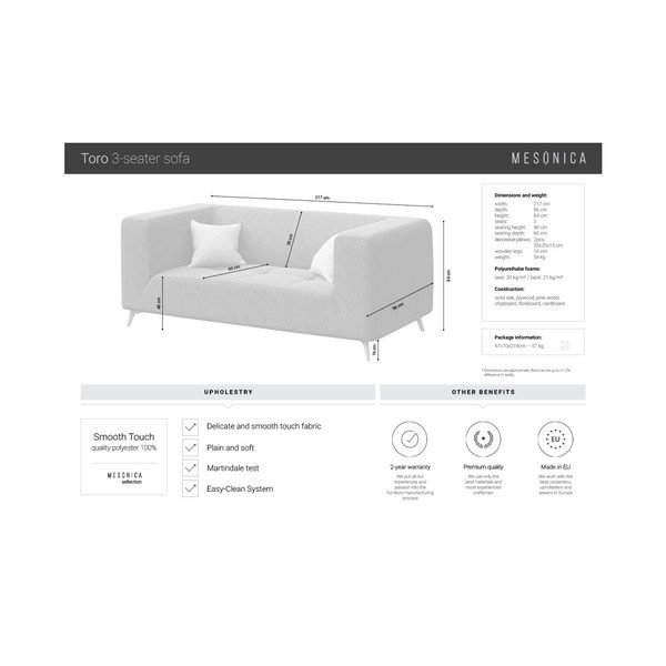 Šviesiai smėlio spalvos sofa MESONICA Toro, 217 cm-image-3