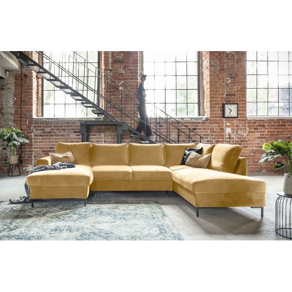 Geltonos spalvos aksominė U formos sofa-lova Miuform Lofty Lilly, dešinysis kampas-image-1