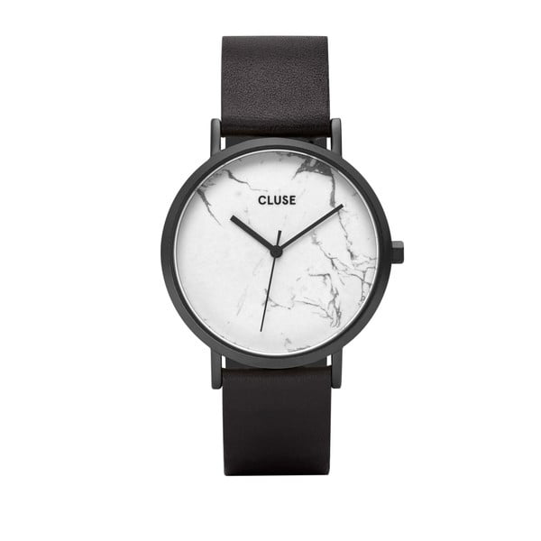 Moteriškas laikrodis su juodu odiniu dirželiu ir baltu marmuriniu ciferblatu Cluse La Roche