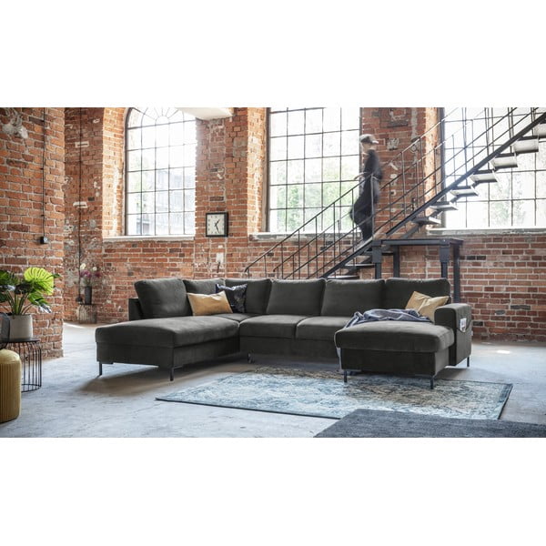 Tamsiai pilka aksominė U formos sofa Miuform Lofty Lilly, kairysis kampas-image-1