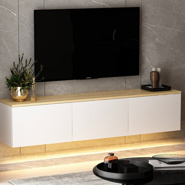 TV spintelė baltos spalvos/natūralios spalvos iš ąžuolo 160x35x32 cm Neon – Kalune Design-image-2