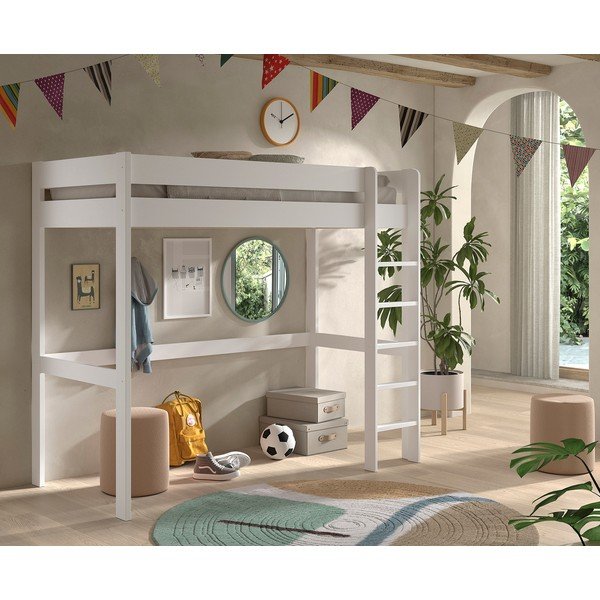 Baltos spalvos paaukštinta vaikiška lova su lovos grotelėmis 90x200 cm Primo – Vipack-image-1