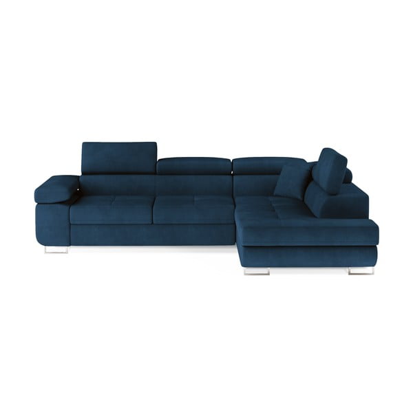 Mėlynos spalvos iš velveto sulankstoma/su sandėliavimo vieta kampinė sofa (su dešiniuoju kampu/„L“ formos) Anton – ELTAP