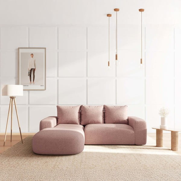 Rožinės spalvos iš boucle kampinė sofa (su kairiuoju kampu/su gultu) Monce – Rodier-image-1