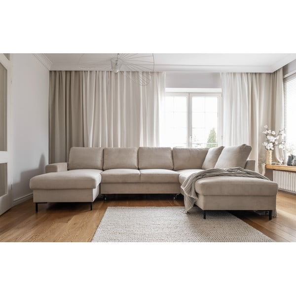Iš kordinio velveto sulankstoma kampinė sofa smėlio spalvos (su dešiniuoju kampu) Lofty Lilly – Miuform-image-1