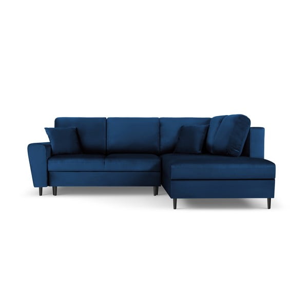 Mėlynos spalvos iš velveto sulankstoma/su sandėliavimo vieta kampinė sofa (su dešiniuoju kampu/„L“ formos) Kyoto – Cosmopolitan Design