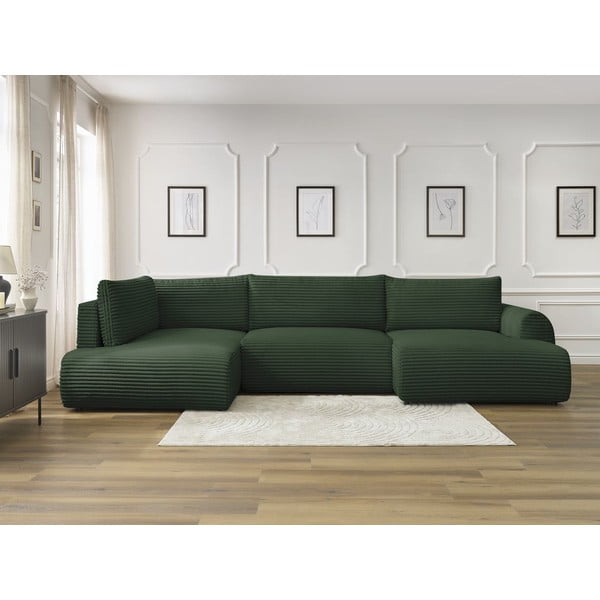 Tamsiai žalios spalvos sulankstoma/su sandėliavimo vieta kampinė sofa iš kordinio velveto (su kairiuoju kampu/„U“ formos) Lucien – Bobochic Paris-image-1