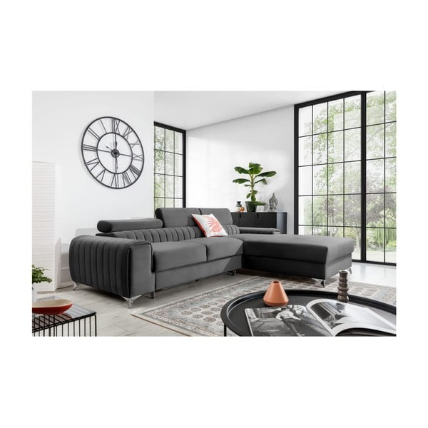 Tamsiai pilkos spalvos iš velveto sulankstoma/su sandėliavimo vieta kampinė sofa (su dešiniuoju kampu/su gultu) Grayson – ELTAP-image-1